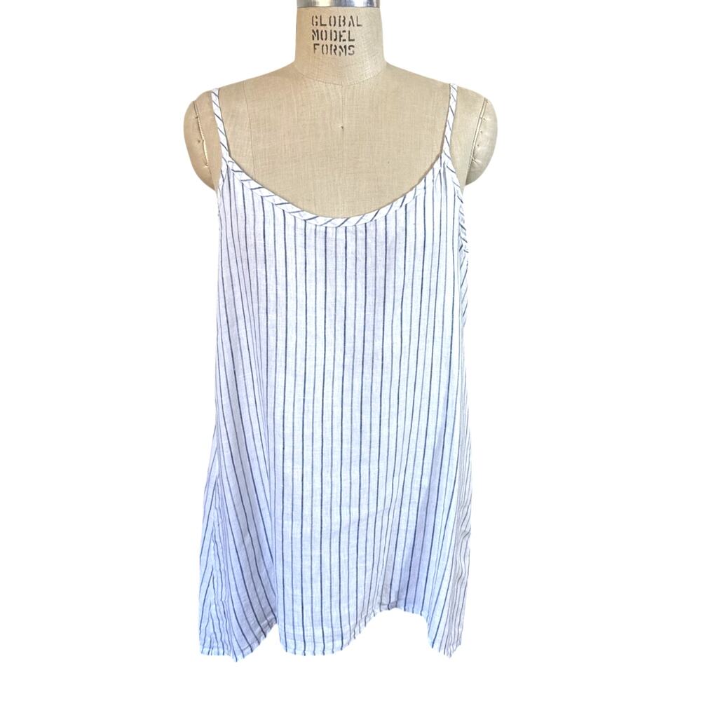 FLAX Striped Linen Long Camisole Tank Top in Blue & White Size Medium